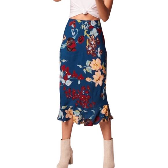 BOG Collective Multi Teal Blue Garnet Pisa Floral Ruffled Midi Slip Skirt XS NWT - Picture 1 of 14